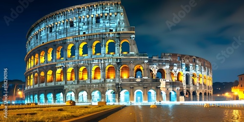 Illuminated Colosseum at Night: Iconic Italian Landmark in Rome. Concept Italian Landmarks, Night Photography, Colosseum, Rome, Illumination