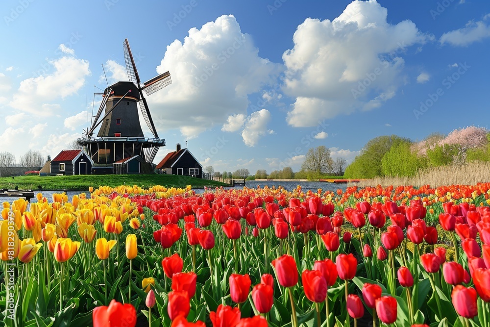 A picturesque  windmill surrounded by tulips, AI generated