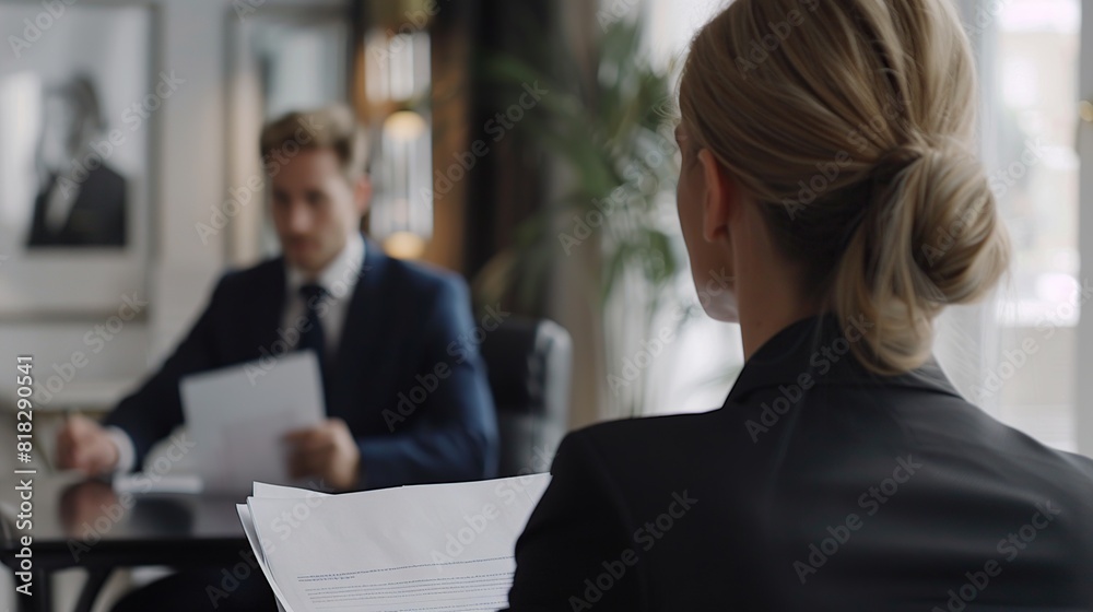 Fototapeta premium rear view of businesswoman sitting at table in office and looking at colleague going over paperwork