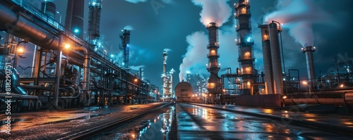 Industrial refinery plant at night with smoke and illuminated pipelines. Industrial engineering and manufacturing concept.