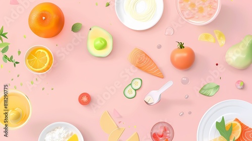 A vibrant flat lay of healthy foods and ingredients with a pastel background