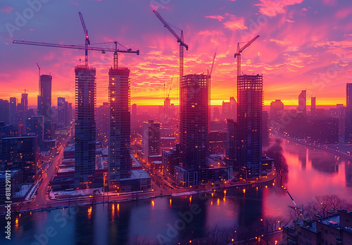 Wallpaper Mural Gorgeous city skyline silhouette at sunset with skyscrapers and construction cranes set against a vibrant, colorful sky Torontodigital.ca