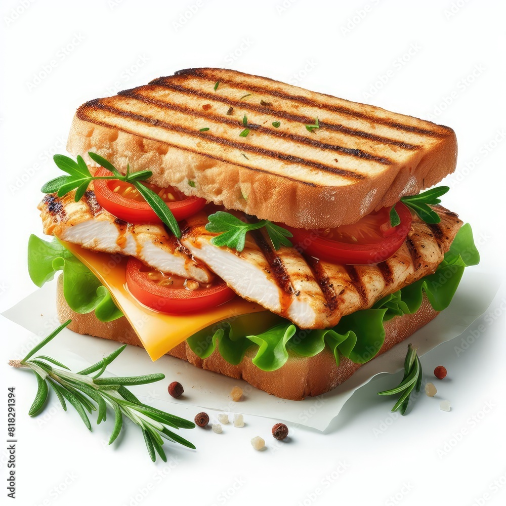 Delicious grilled chicken sandwich isolated on a white background 