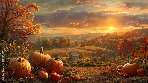 Orange pumpkins ripen in a field bathed in warm autumn light