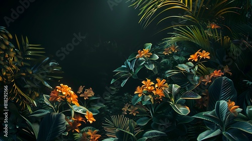 Fragrant flowers entwined with lush greenery  enveloped in the darkness of a solid black backdrop  softly illuminated by studio yellow light  creating a mesmerizing scene
