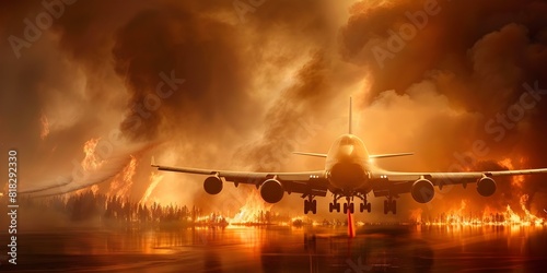 A large firefighting plane drops fire retardant on a forest fire at a low altitude. Concept Firefighting, Forest fire, Fire retardant, Aircraft, Emergency response photo