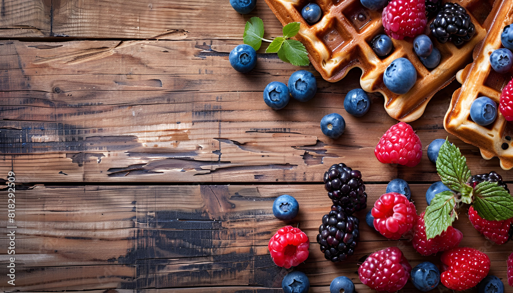 Tasty Belgian waffle with fresh berries served on wooden table, flat lay. Space for text Tasty Belgian waffle with fresh berries served on wooden table, flat lay. Space for text