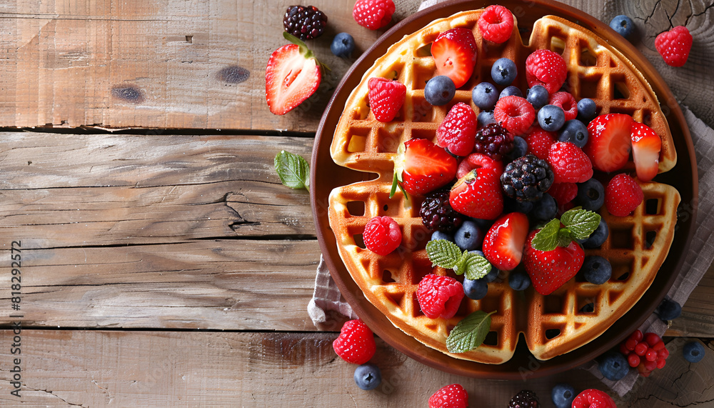 Tasty Belgian waffle with fresh berries served on wooden table, flat lay. Space for text Tasty Belgian waffle with fresh berries served on wooden table, flat lay. Space for text