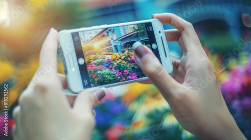 Hands holding smartphone photographing flowers in garden