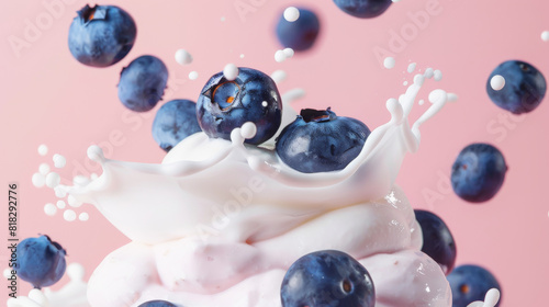 A blueberry and whipped cream dessert with blueberries flying through the air © Image-Love