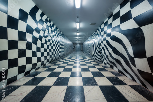 Checkerboard hallway with wavy black and white patterns creating a mesmerizing optical illusion  showcasing modern interior design and geometric abstraction in a surreal  futuristic setting