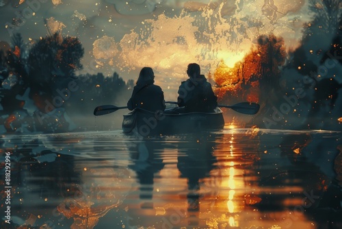 Two people kayaking on a calm lake during a beautiful sunset  with abstract elements enhancing a serene and artistic atmosphere.