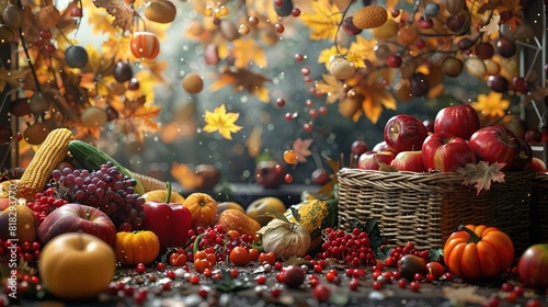 A rustic basket overflowing with colorful autumn fruits like apples and oranges photo