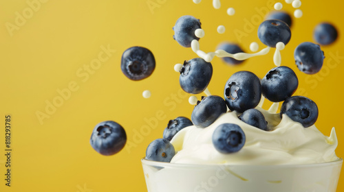 A bowl of blueberries and whipped cream is shown in mid-air, with the blueberries flying out of the bowl. Concept of excitement and energy, as if the blueberries are bursting out of the bowl © Image-Love