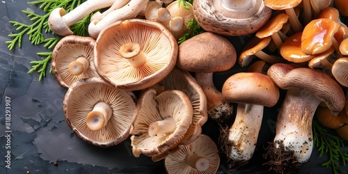 Top view of assorted edible mushrooms including champignon shiitake porcini oyster and portobello. Concept Mushrooms, Edible, Top View, Assorted, Champignon, Shiitake, Porcini, Oyster, Portobello