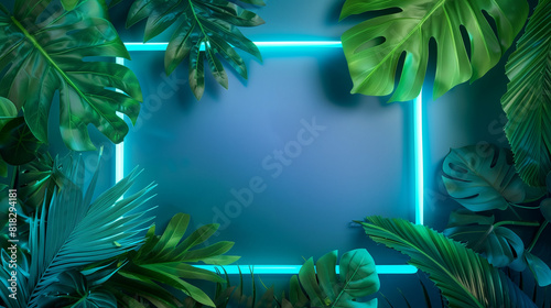 Illuminated Blue Neon Frame Surrounded by Tropical Leaves