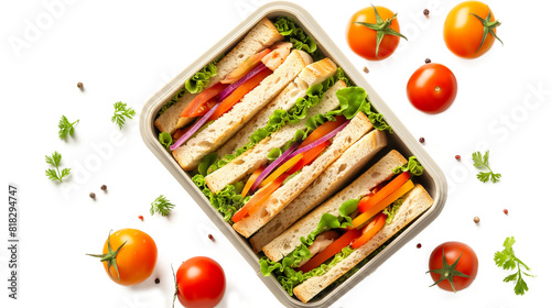 Top view of the lunch box with sandwiches and vegetables isolated on a transparent background