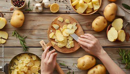 Woman peeling potato for cooking tasty bouillon at wooden table, top view