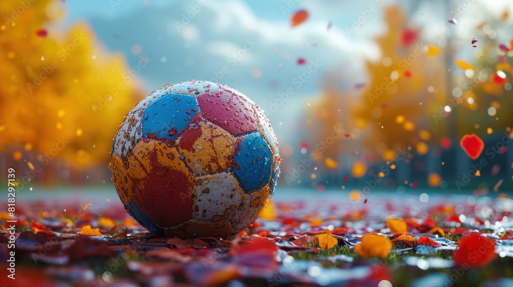 Soccer Match - A well-worn soccer ball on a field, surrounded by a fiery explosion of leaves. Soccer Match - A well-worn soccer ball on a field, surrounded by a fiery explosion of leaves.