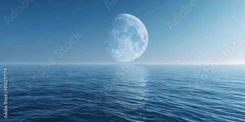 The Earth s crescent moon hangs in the sky  reflecting soft blue light upon an endless ocean.
