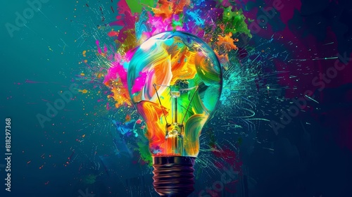 eureka moment of creative inspiration concept vibrant liquid paint merging into a glowing colorful lightbulb on dark teal background digital art