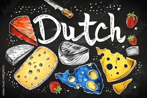 Doodle colorful chalk illustration of farm organic Dutch different cheeses.