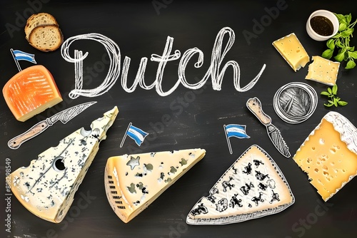 Doodle colorful chalk illustration of farm organic Dutch different cheeses.