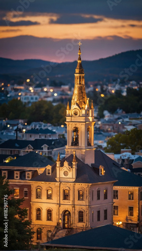 Small Town Elegance  Tower and Historic Buildings Backdrops for Business.