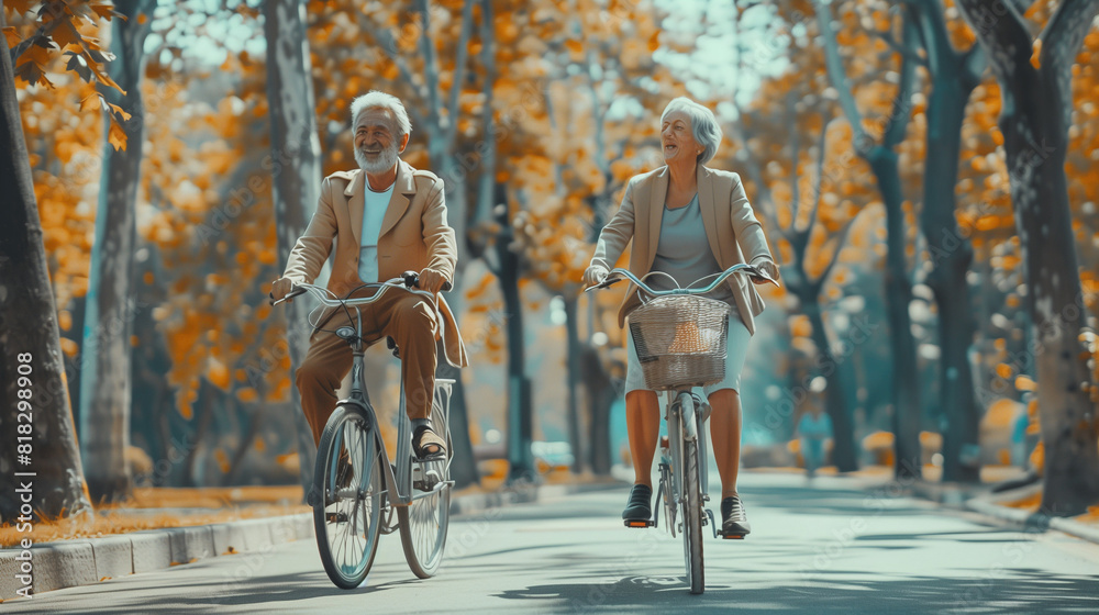 Fototapeta premium Two Older Women Riding Bikes Down a Tree-Lined Street