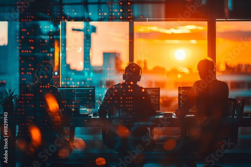 A team of developers brainstorming in an office close up  focus on  copy space Innovative and collaborative Double exposure silhouette with code