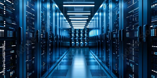 The title can be changed to: "Contemporary Datacenter Server Room with Blue Lighting: Highlighting Web Networking and Cloud Computing". Concept Technology Update