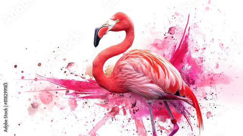 Vibrant Pink Flamingo with Paint Splashes isolated on a transparent background