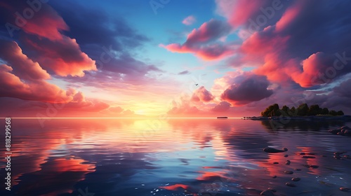 As the sun sets  the tranquil waters shimmer with reflections of the colorful sky  surrounding the solitary boat in a serene embrace along the coastline