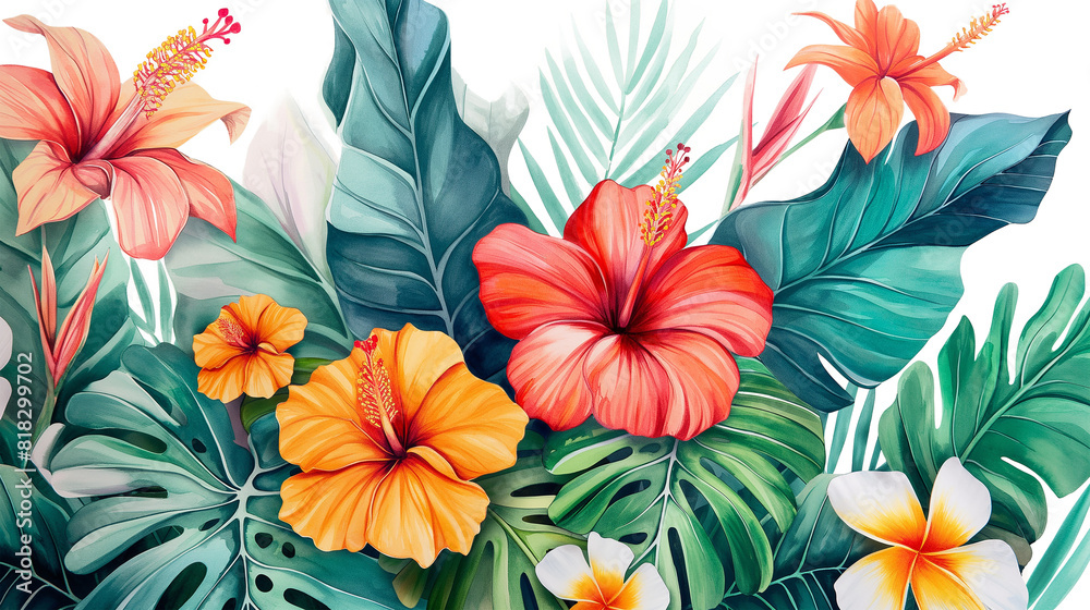 Vibrant Tropical Flowers and Leaves Painting isolated on a transparent background Vibrant Tropical Flowers and Leaves Painting isolated on a transparent background