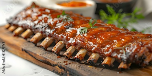 Tasty BBQ pork ribs with sticky spicy sauce on a wooden board. Concept BBQ Ribs, Spicy Sauce, Wooden Board, Tasty Food, Cooking Recipe photo