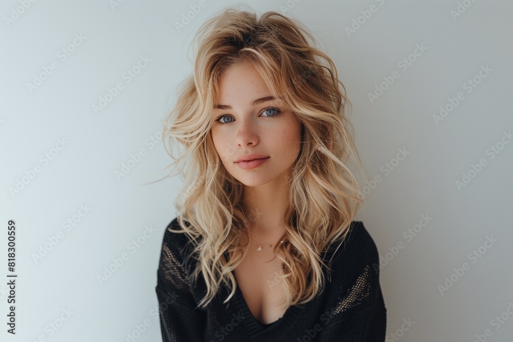 Blonde woman with wavy hair and clear skin in a black top on a light background. Studio beauty portrait. Hair fashion and natural look concept for design and print