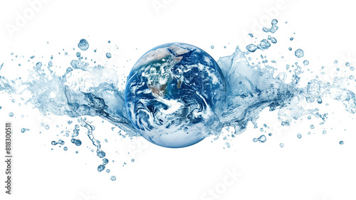 Water splash with Earth planet isolated on a transparent background