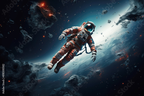 generated illustration of astronaut in suit with space background.