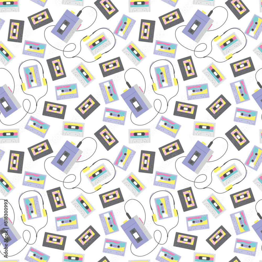 90s retro background. Vector seamless pattern with audio player and cassettes 90s retro background. Vector seamless pattern with audio player and cassettes