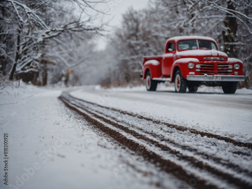 Snow-Covered Road, Red Truck Making Tracks in the Winter