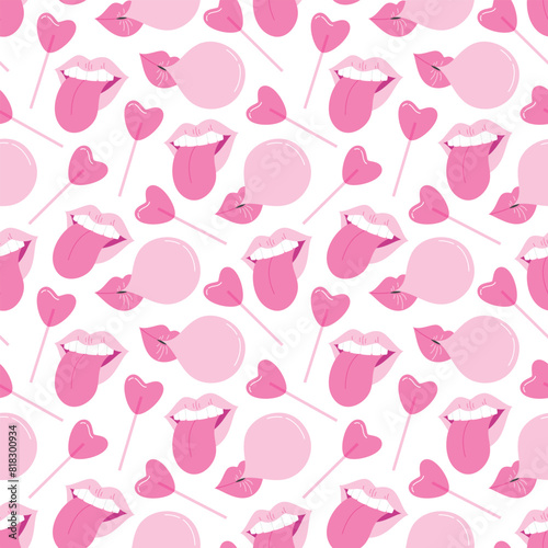 Y2k background. Retro vector seamless pattern with pink lips and lollypops