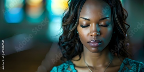 Image of a Black woman deep in prayer in a Christian church, spiritually connected. Concept Spiritual Connection, Christian Worship, Faithful Devotion, Black Woman, Prayerful Moment