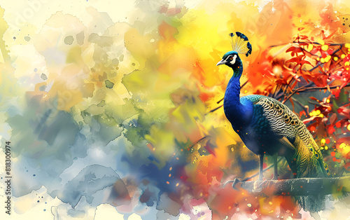 abstract watercolor painting. A beautiful peacock, in a colorful watercolor style. A majestic peacock spreading its iridescent feathers in a blooming garden filled with exotic flowers.  photo