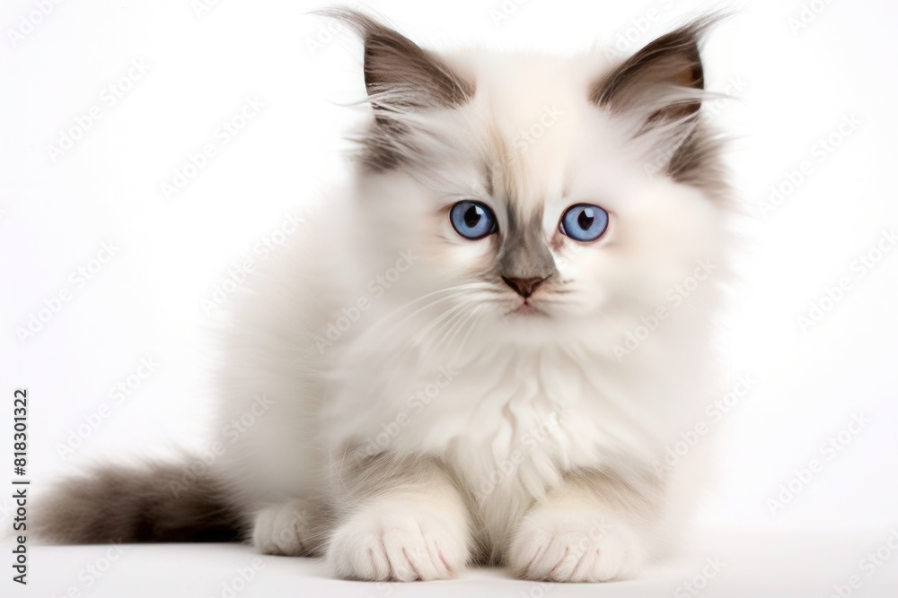 Pet photography Ragdoll kitten on white background