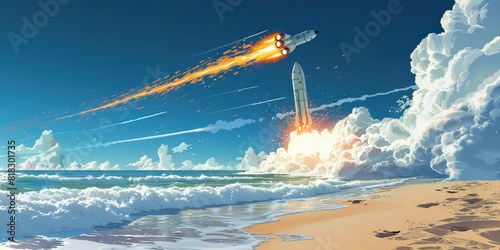 Majestic waves caress the golden shore beneath a sky ablaze with fiery streaks, as a fierce rocketship hurtles through the heavens on its daring journey.