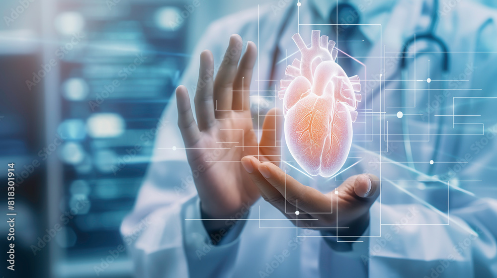 A doctor holding a 3D heart virtual futuristic digital interface screen, healthcare medical technology and innovations to diagnose and treatment cardiovascular system disease. A doctor holding a 3D heart virtual futuristic digital interface screen, healthcare medical technology and innovations to diagnose and treatment cardiovascular system disease.