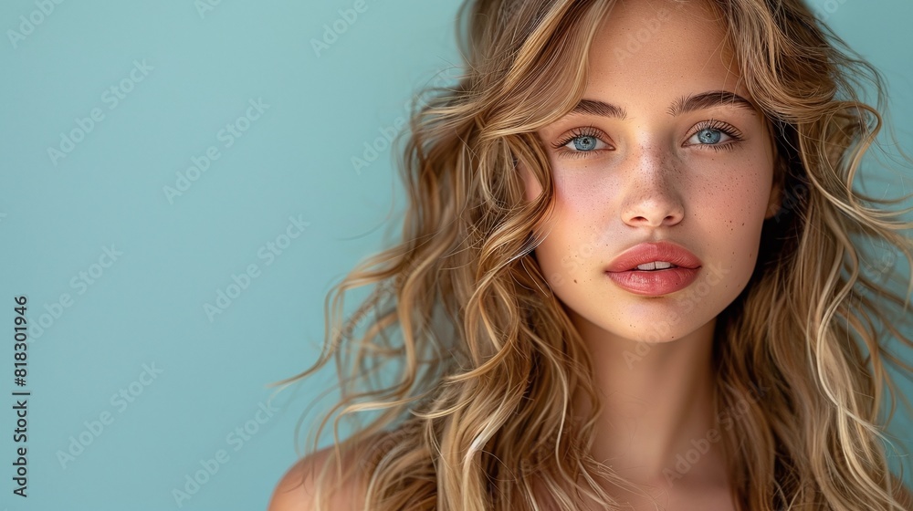 Fototapeta premium Close-up of blonde woman with wavy hair against a blue background. Studio beauty portrait. Natural look and hair fashion concept for design and print