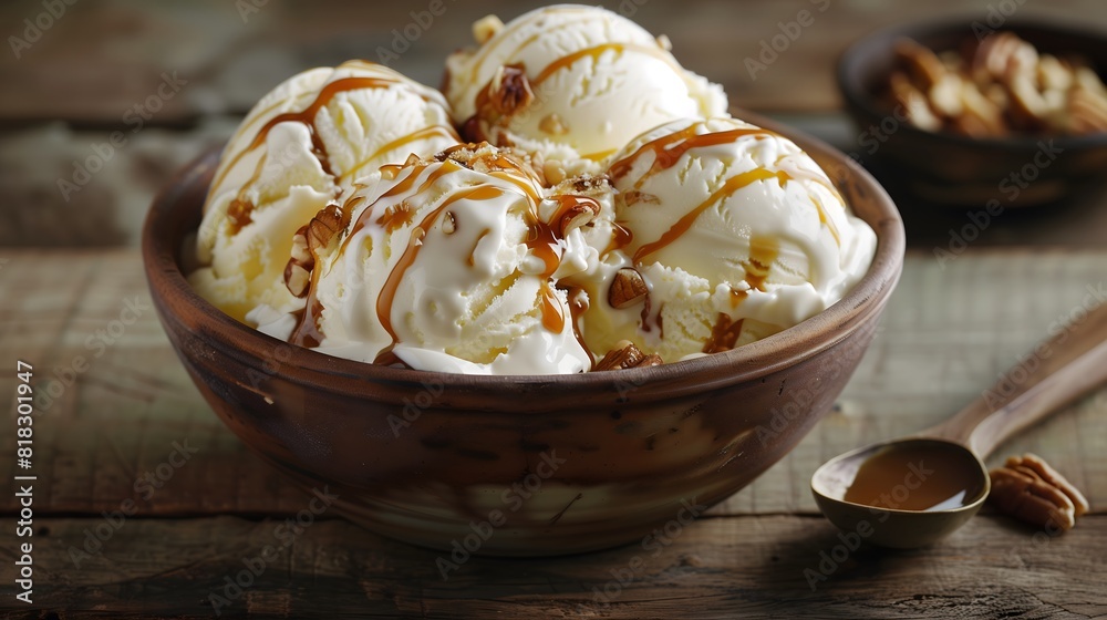 A creamy bowl of ice cream with caramel drizzle and nuts, set on a rustic wooden table A creamy bowl of ice cream with caramel drizzle and nuts, set on a rustic wooden table