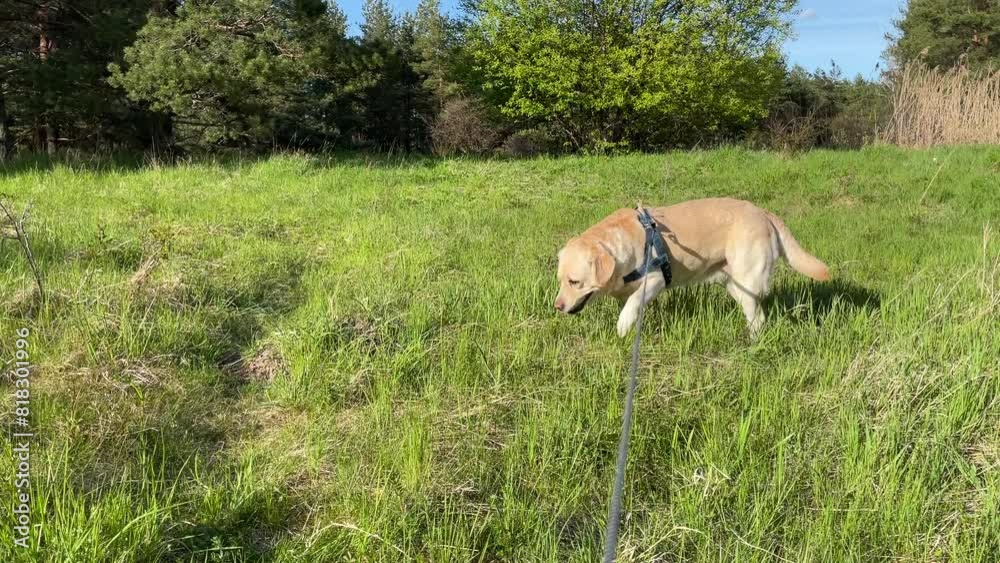 Dog eating grass. Sunny day in May. Golden Labrador Dog eating grass. Sunny day in May. Golden Labrador