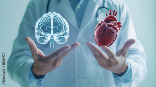 A doctor holding a 3D brain and heart, futuristic healthcare medical technology and innovations to diagnose and treatment in brain and cardiovascular system disease.	